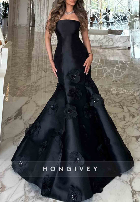 Strapless Flowers Sleeveless Trumpet Tie Back Floor-Length Pleated Evening Gowns