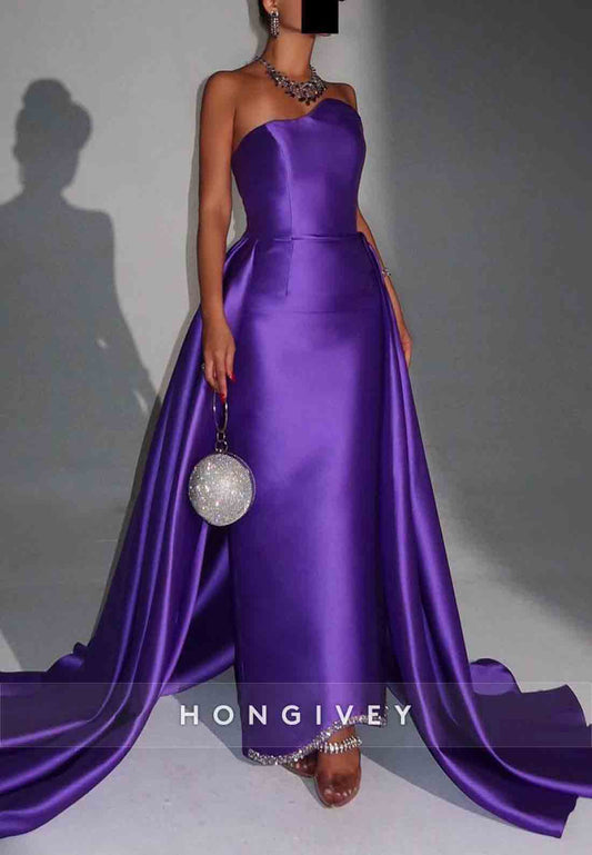 Satin Sheath Strapless Detachable Pleated Sleeveless Evening Gowns