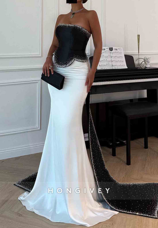 Mermaid Sweep Train Strapless Crisscross Back Low Back Elegant Evening Gowns