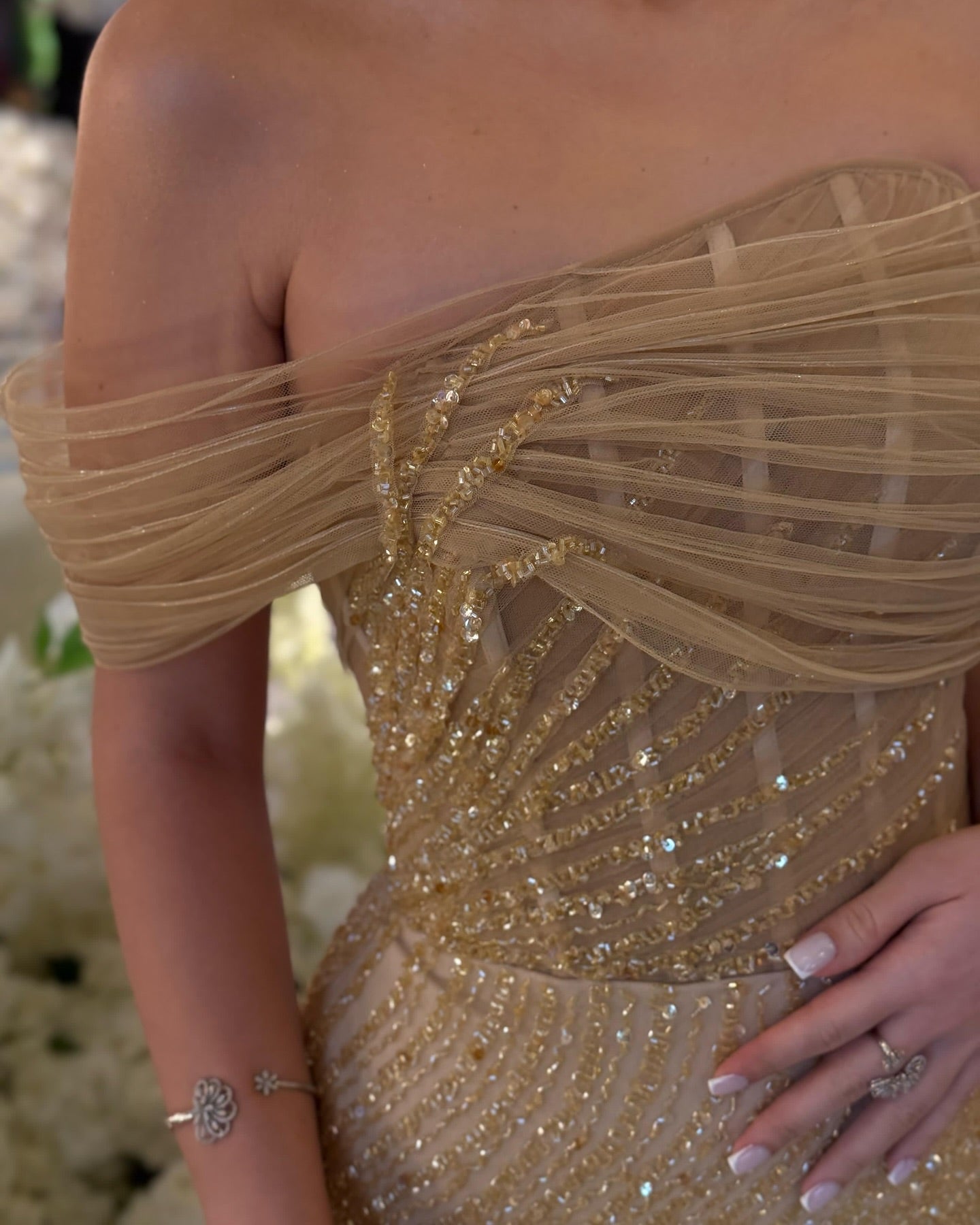 Sparkle Beaded Mermaid Off the Shoulder Sleeveless Evening Dress