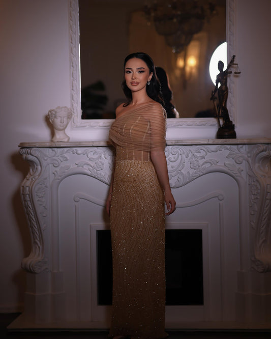 Sparkle Beaded Mermaid Off the Shoulder Sleeveless Evening Dress