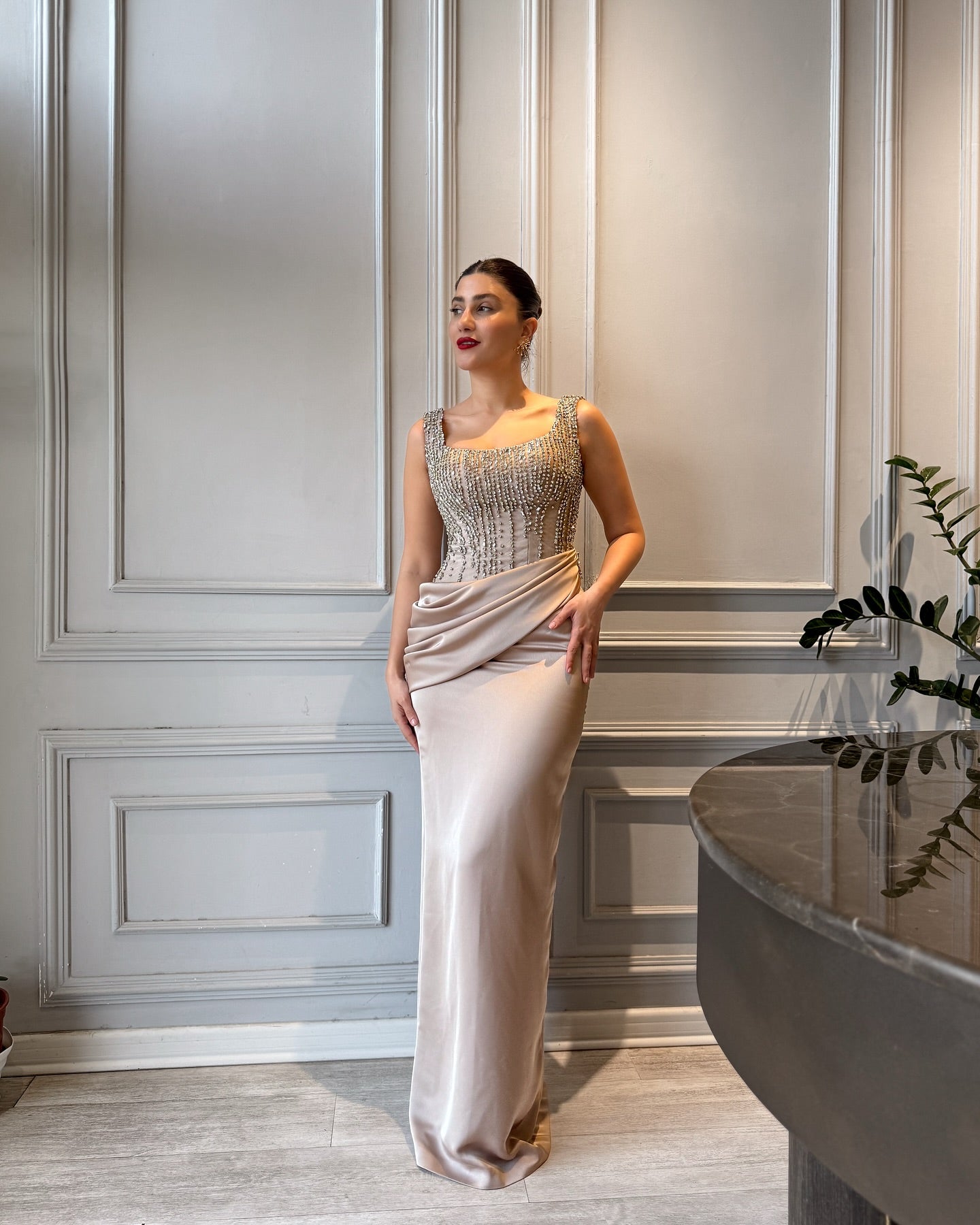 Square Neck Sleeveless Beaded Sparkle Mermaid Women Evening Dress