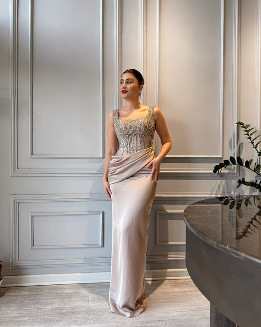 Square Neck Sleeveless Beaded Sparkle Mermaid Women Evening Dress