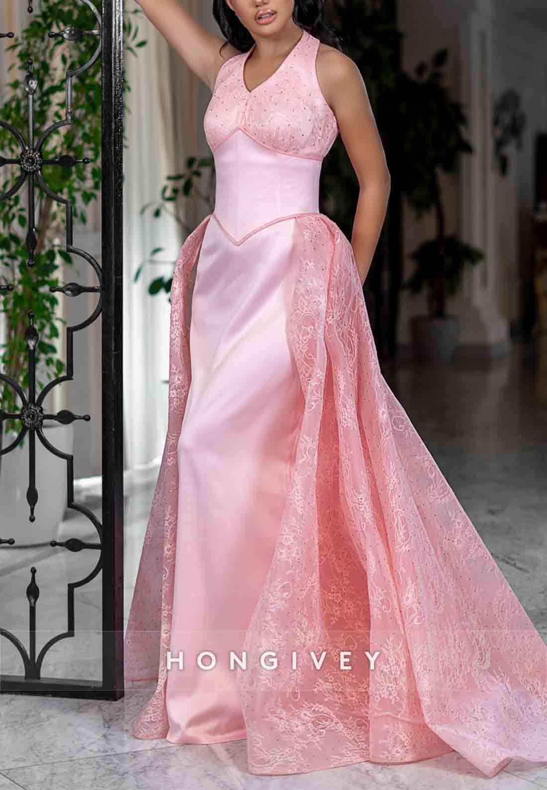 Crisscross Back Halter Sleeveless Lace Floor-Length Satin Sheath Evening Gowns