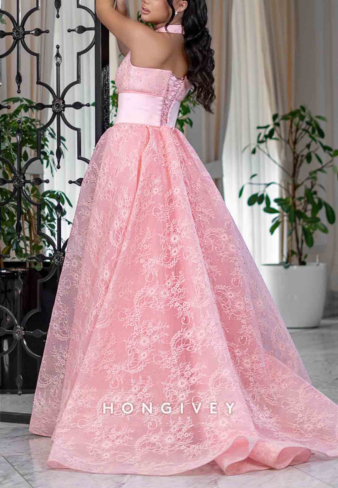 Crisscross Back Halter Sleeveless Lace Floor-Length Satin Sheath Evening Gowns