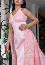 Crisscross Back Halter Sleeveless Lace Floor-Length Satin Sheath Evening Gowns