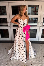 A Line Sweetheart Black Dot Floral Satin Prom Dress with Bow