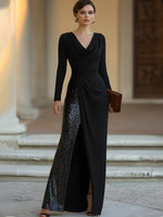 Draped Long Sleeves Cowl-Neck Sequin-Panel Evening Gown