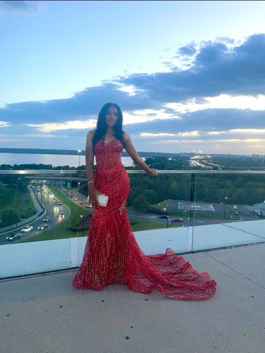 Glitter Mermaid Spaghetti Straps Red Beads 2026 Sequined For Women Party Dresses Long Formal Prom Dress 22th Birthday Gown AB1368