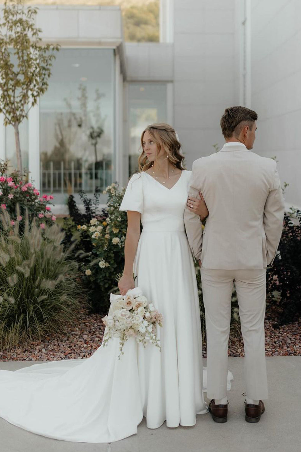 Fairy A Line V Neck Satin Wedding Dresses with Sleeves