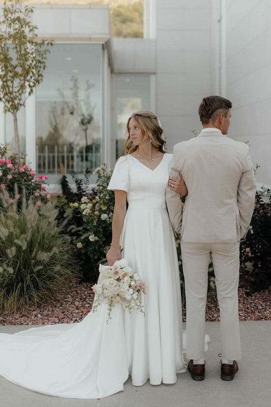 Fairy A Line V Neck Satin Wedding Dresses with Sleeves