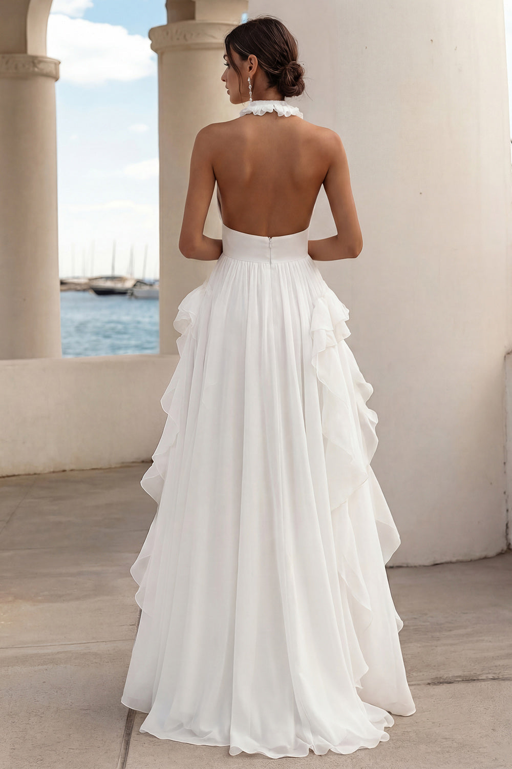 A Line White Keyhole Long Rehearsal Dinner Dress with Slit
