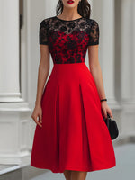 Red Black Lace Fit-and-Flare Midi Dress