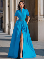 High-Slit Belted Mandarin-Collar Maxi Evening Dress