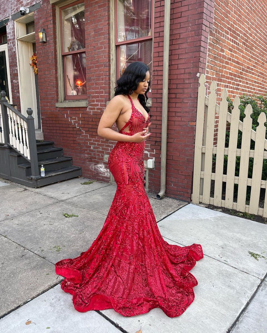 Glitter Mermaid Halter Red 2026 Sequins For Women Party Dresses Long Formal Prom Dress 22th Birthday Gown AB1369