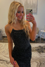 Mermaid Scoop Neck Black Sequins Prom Dress with Beading