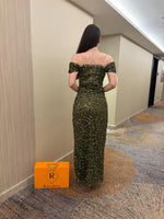 Green Sequins Sparkle Off the Shoulder Sleeveless Mermaid Side Evening Dress Ankle-Length