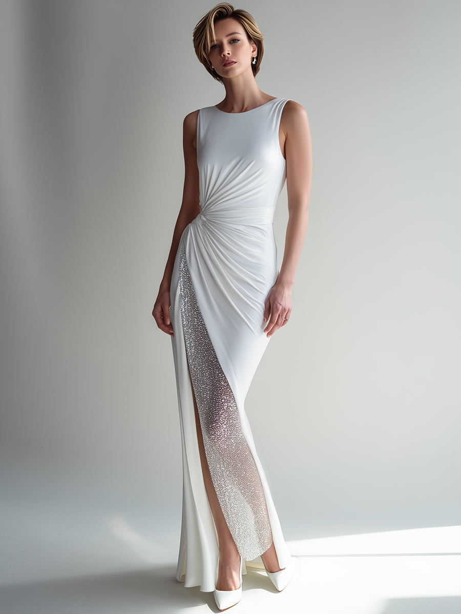 White Crystal-Embellished Ruched Side-Slit Evening Dress