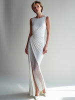 White Crystal-Embellished Ruched Side-Slit Evening Dress