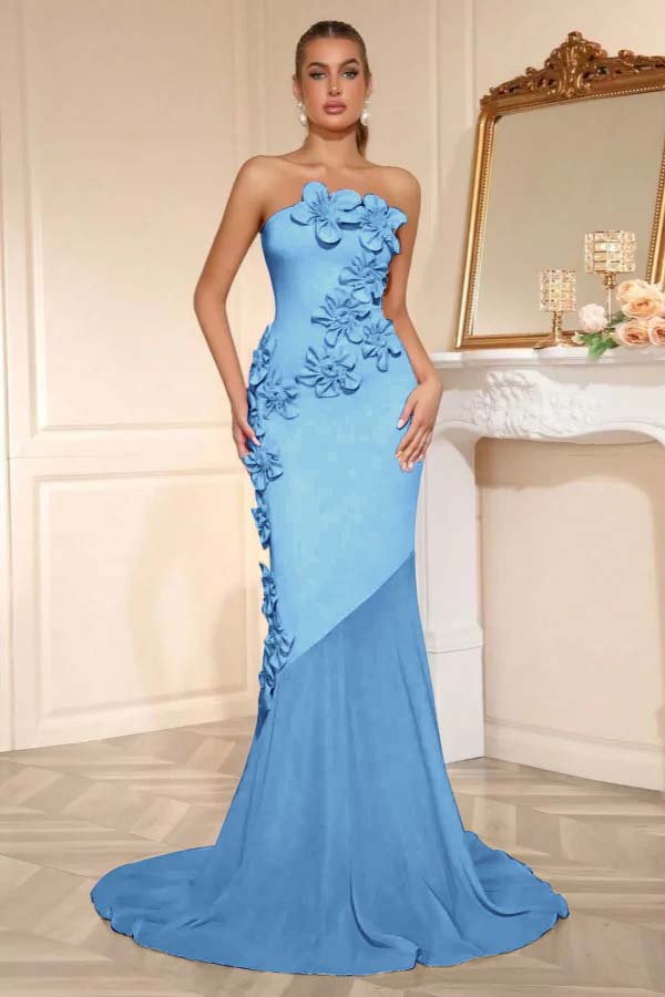 Candy Pink Strapless Sleeveless Long Mermaid Prom Dress With Flower Appliqués