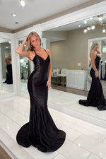 Mermaid V Neck Black Satin Long Prom Dresses with Beadings