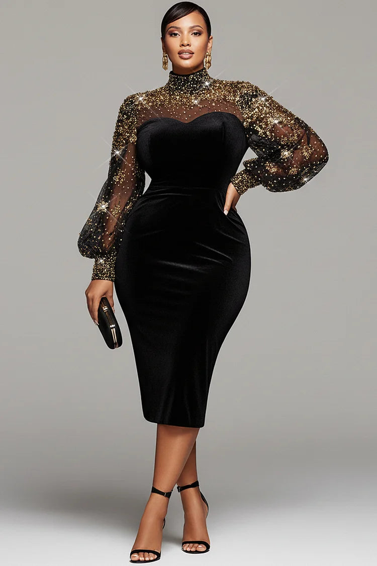 Plus Size Cocktail Party Black Mock Neck Lantern Sleeve Long Sleeve See Through Elegant Bodycon Velvet Midi Dresses [Pre-Order]