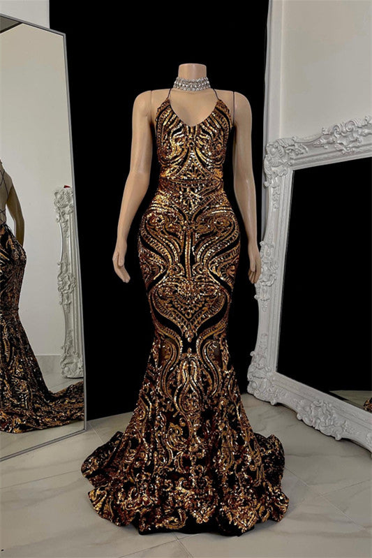 Modern Halter Sleeveless Gold Sequins Prom Dress Mermaid With Strings Back
