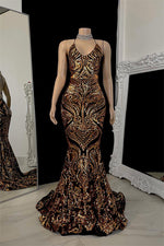Modern Halter Sleeveless Gold Sequins Prom Dress Mermaid With Strings Back