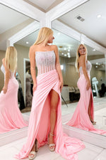 Cute Mermaid Scoop Neck Pink Satin Prom Dress with Pearls