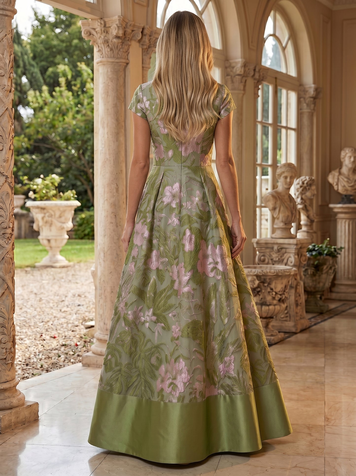 A-Line Floral Jacquard Floor-Length Mother of the Bride with V-Neck, Cap Sleeves