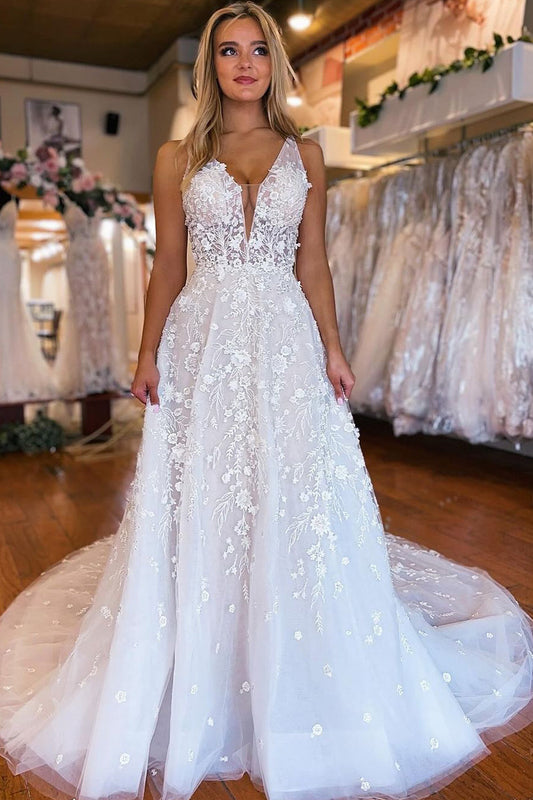 Fairy A Line V Neck Tulle Wedding Dresses with Appliques