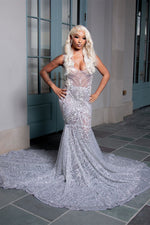Modern Silver V-Neck Sleeveless Mermaid Prom Dress Sequins Long With Beadings