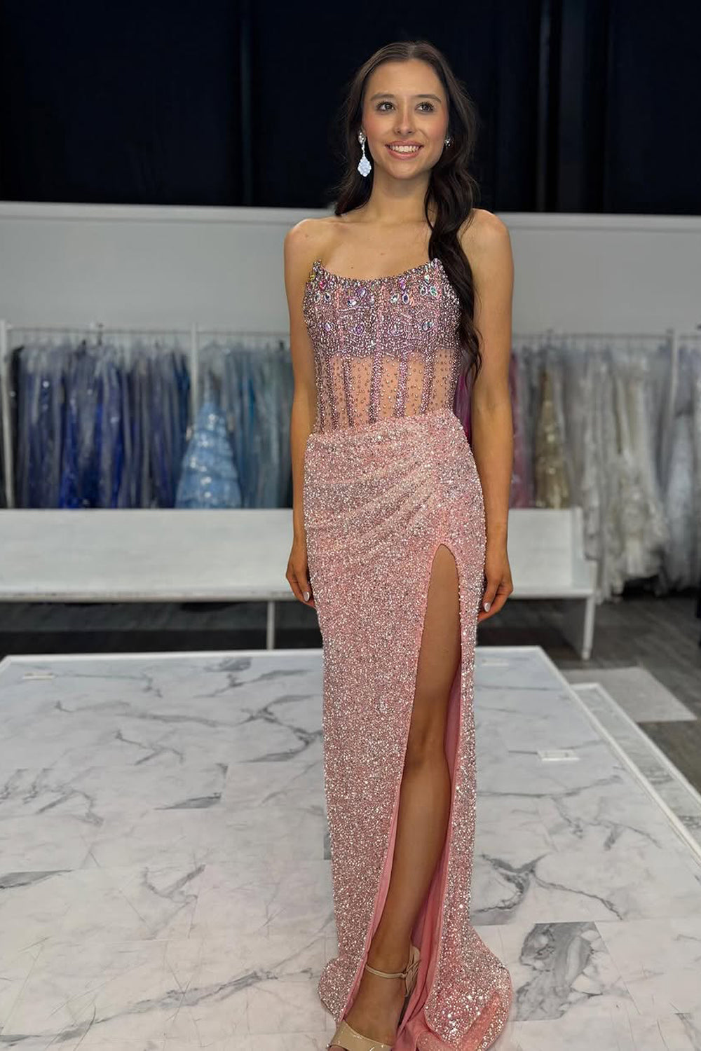 Mermaid Strapless Pink Sequins Beads Long Prom Dresses with Slit