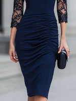 Navy Blue Lace-Sleeve Ruched Midi Sheath Dress