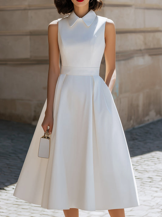 White Sleeveless Collared Fit-and-Flare Midi Dress With Pockets