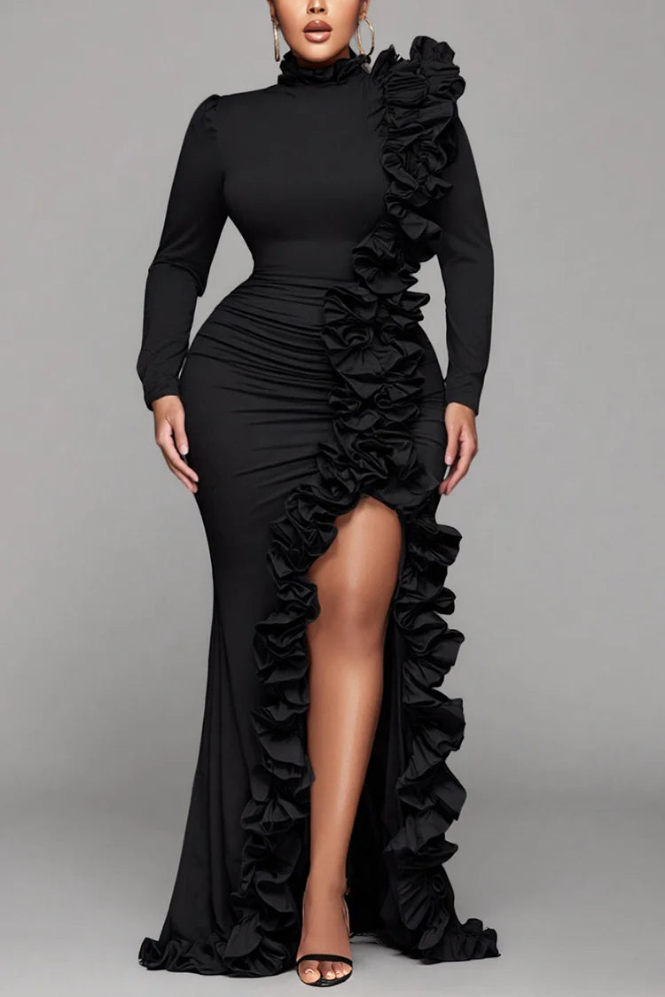 Plus Size Formal Black Round Neck Long Sleeve Split Elegant Ruffle 3D Satin Maxi Dresses
