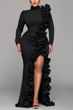 Plus Size Formal Black Round Neck Long Sleeve Split Elegant Ruffle 3D Satin Maxi Dresses