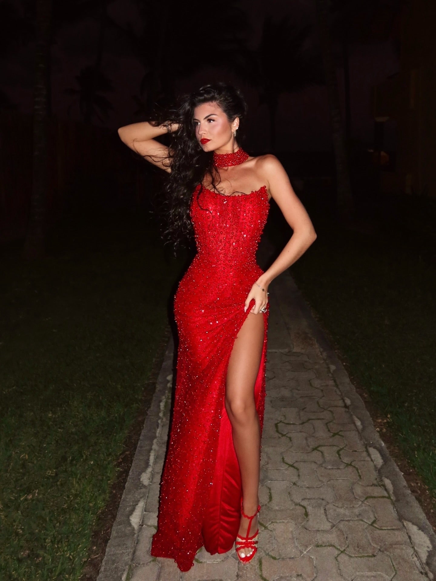 Red Strapless Sleeveless High Waist Long Mermaid Prom Dress With Split And Rhinstone