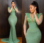 Hidais Shinning Applique Long Sleeves Green Mermaid Floor Length Prom Dress