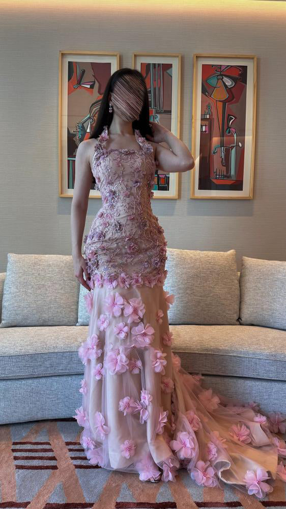 Exquisite Halter Sleeveless Backless Flowers Applique Mermaid Floor-Length Evening Dress