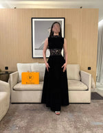 Black High Neck Sleeveless Floral Print Beaded A-Line Evening Dress Foraml Women