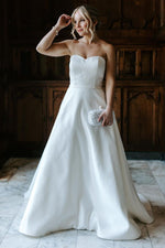 A-Line Strapless White Satin Wedding Dresses