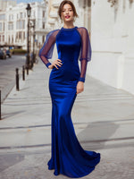 Embellished Satin Evening Dress With Sheer Balloon Sleeves