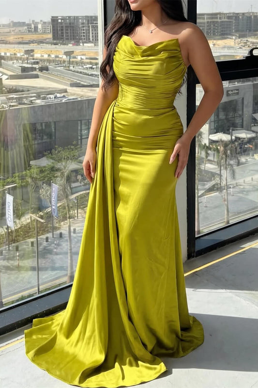 Green Strapless Mermaid Evening Dress Long With Ruffles Pleats Online