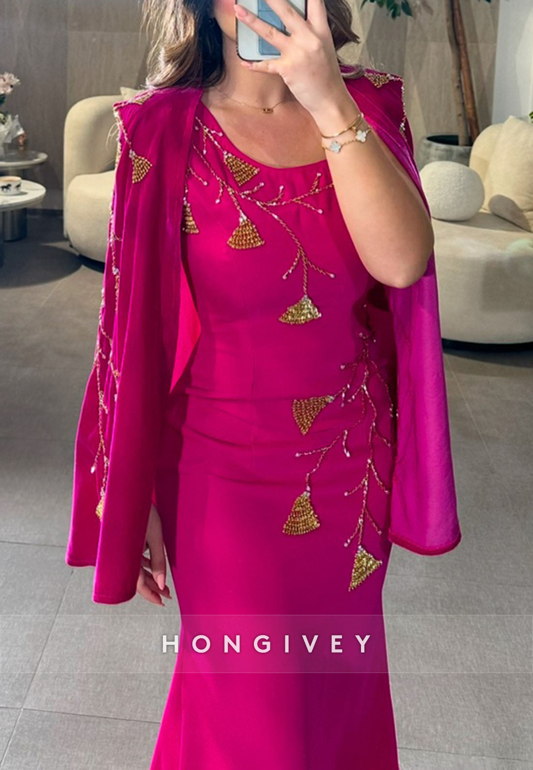 Fuchsia Shawl Pleated Ankle-Length Trumpet Scoop Evening Gowns