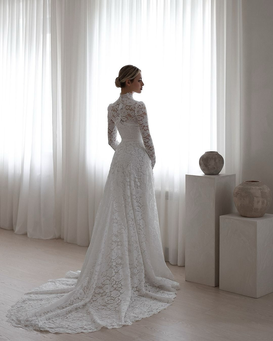 Long Sleeves White High Neck Lace Mermaid Wedding Dress With Embroidery