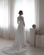 Long Sleeves White High Neck Lace Mermaid Wedding Dress With Embroidery