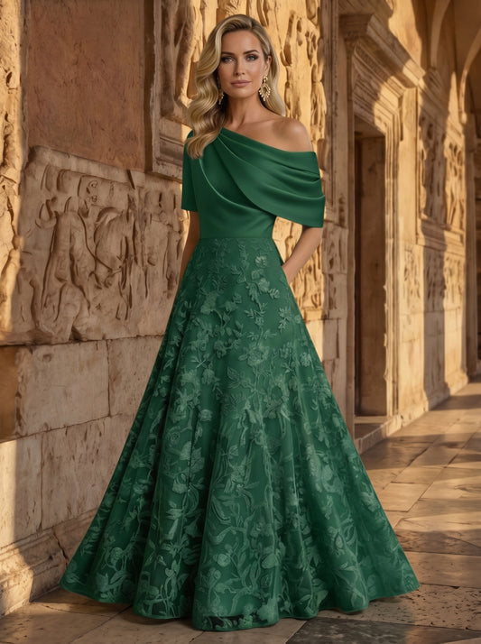 A-Line Floor Length One Shoulder Long Mother of the Bride Dresses with Lace