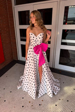 A Line Sweetheart Black Dot Floral Satin Prom Dress with Bow