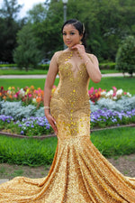 Modern Gold Sleeveless Sequins Mermaid Prom Dress Long With Crystals On Sale